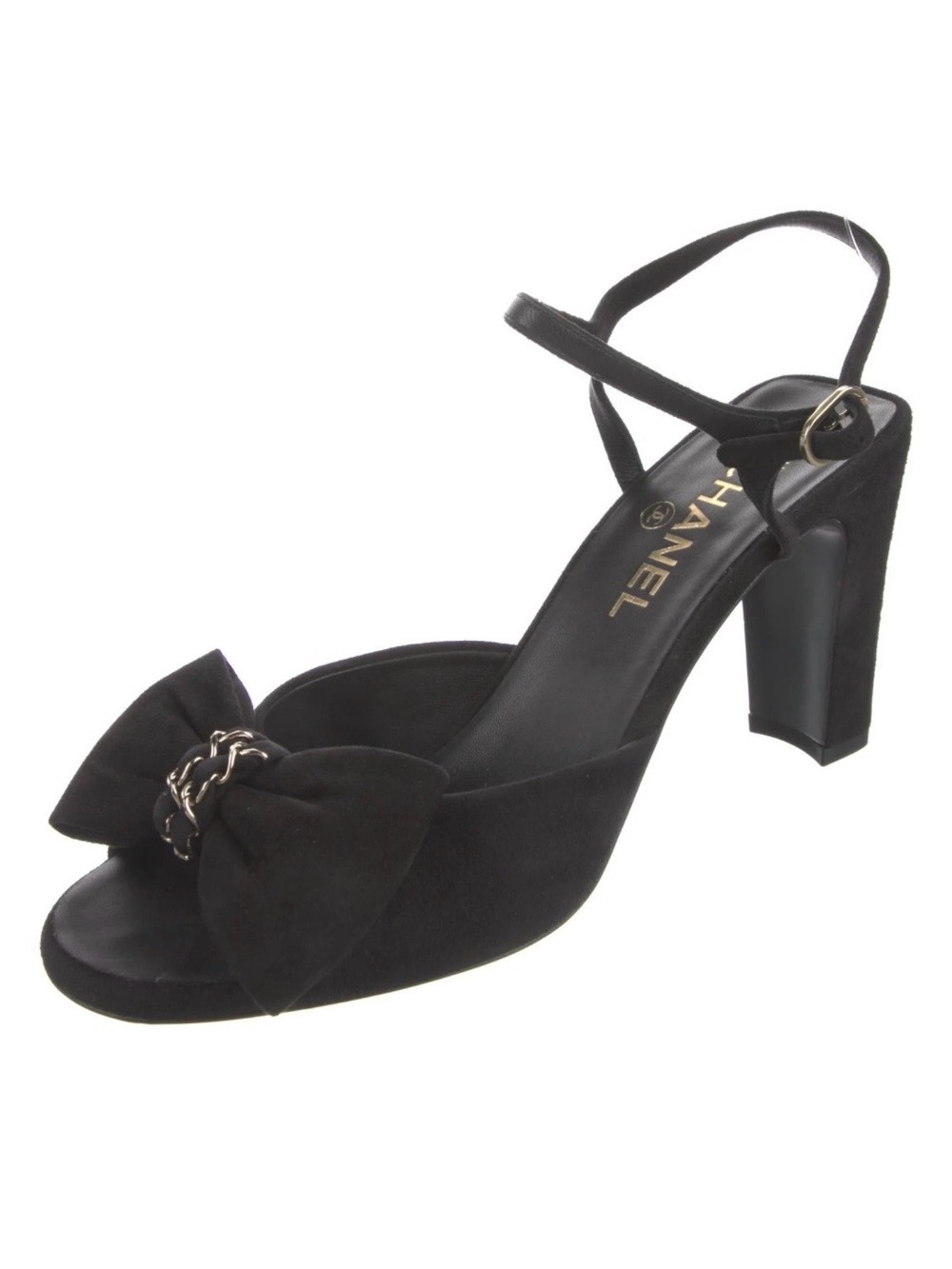 Chanel Black Suede Bow Chain Heels - Picture 1 of 6